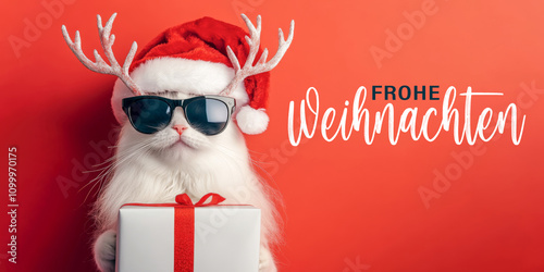 Frohe Weihnachten Urlaub Winter Grußkarte mit deutschem Text - Süße Katze mit Weihnachtsmannmütze, Sonnenbrille und Geschenk, isoliert auf rotem Hintergrund