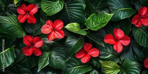 Wallpaper Mural Vibrant red flowers paired with lush green leaves create a stunning display. These beautiful red flowers among fresh green leaves capture the essence of nature s beauty perfectly. Torontodigital.ca