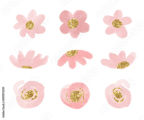 Fototapeta Naklejka Na Ścianę i Meble -  set of pink flowers petals watercolor gold glitter png transparent