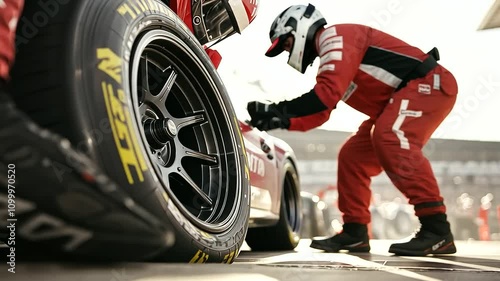 Pit Crew Performing Tire Change on Race Car During Pit Stop