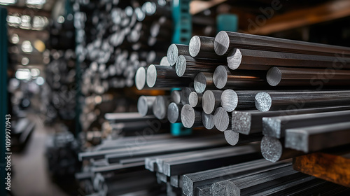 warehouse with assorted rolled metal, industrial warehouse of ferrous metal, assorted metal of square and round bars, generative ai