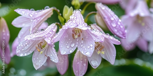 Delicate flowering hosta adorned with raindrops, showcasing a stunning variety of hosta plants. This close up captures the beauty of pale purple summer flowers of hosta. photo