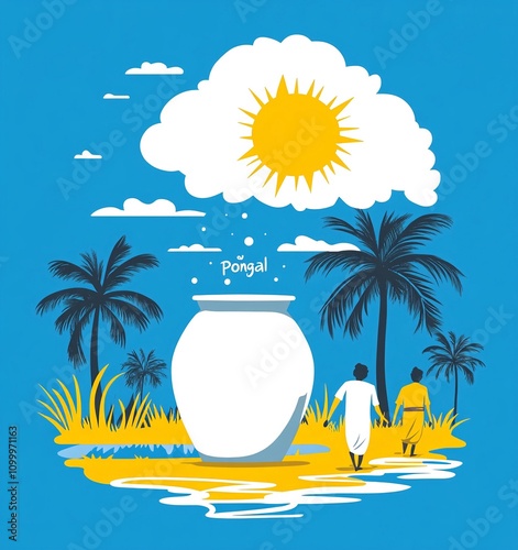 Scena di un'atmosfera tropicale e festosa. Un grande vaso bianco su uno sfondo blu. Sopra il vaso c'è la parola "Pongal" e delle piccole bolle che sembrano vapore.