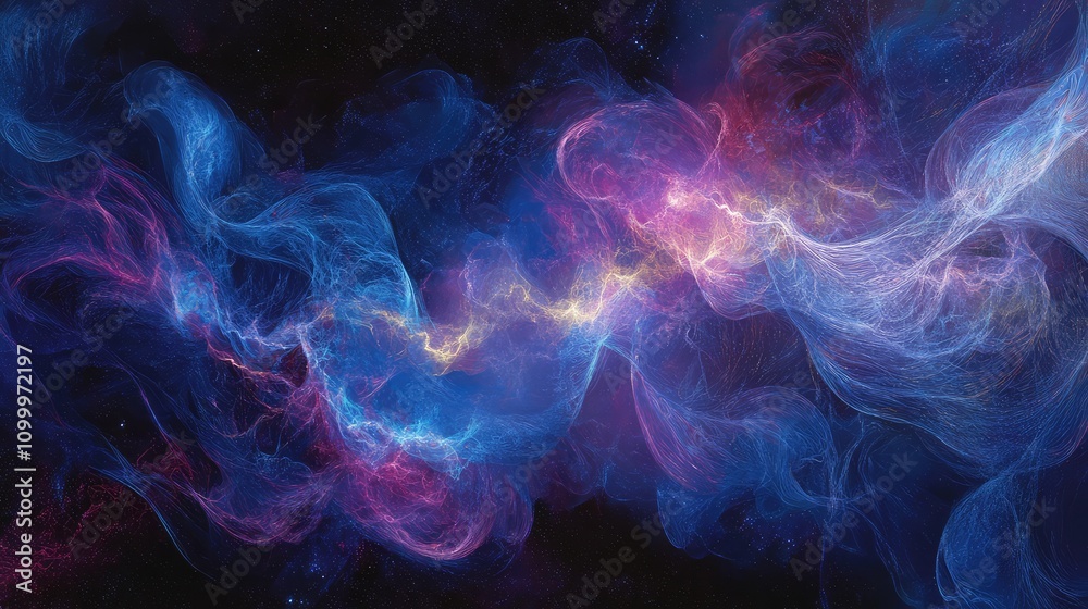 Obraz premium Abstract visualization of quantum particles entangled in a digital data cloud, glowing in deep blues and purples