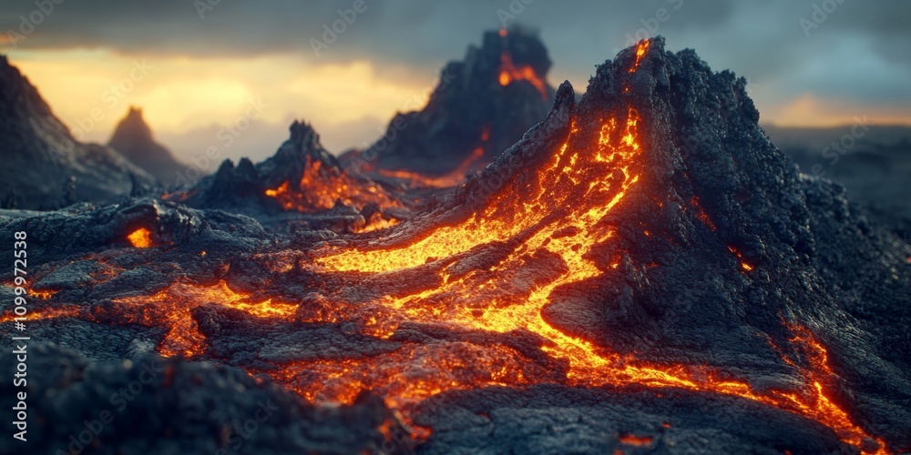 Naklejka premium Ancient encrusted lava formed from volcanic activity cools around a mountain area, showcasing the natural beauty of ancient lava in a captivating landscape. Explore the wonders of ancient lava.