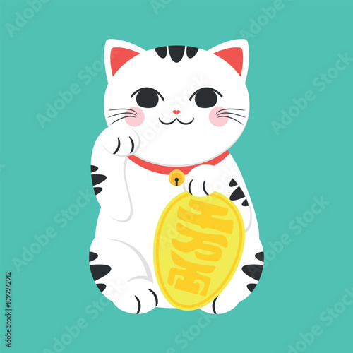 Spotted Maneki neko with a raised right paw. Japanese lucky cat flat cartoon illustration. Symbol of wealth and luck. Money cat