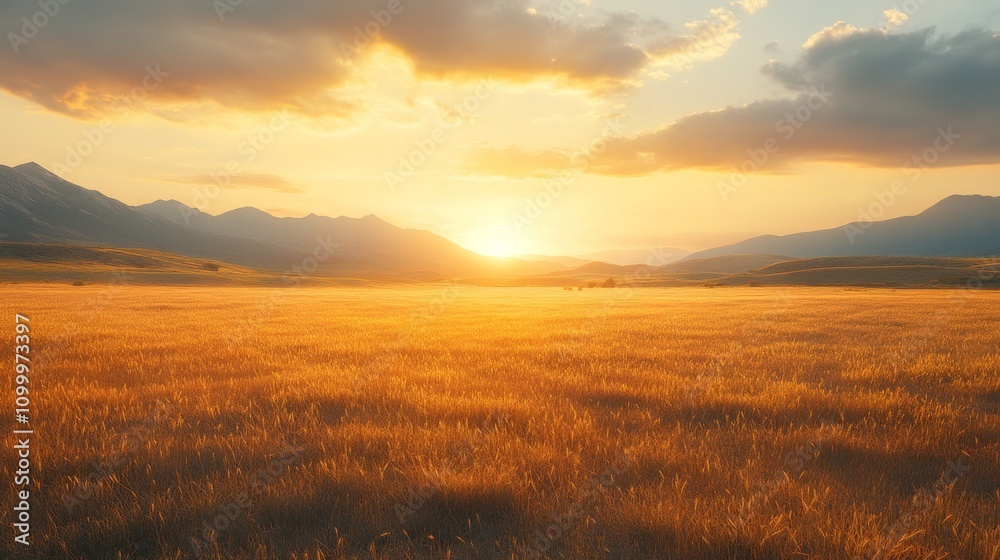 Fototapeta premium Golden Sunset Over Grassy Field And Mountains