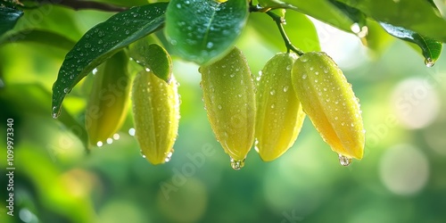 Bilimbi fruit hanging on the tree, glistening with water droplets. The bilimbi showcases its vibrant appearance with droplets adorning its surface, capturing nature s beauty in this moment. photo