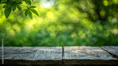 rustic wooden table with blurred green background creates serene atmosphere, perfect for nature themed projects or outdoor dining settings