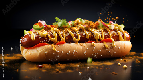 delicious hot dog, with ketchup and sausage, blackbackground photo