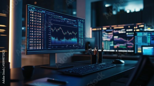 Wallpaper Mural A dynamic conference room featuring a monitor with stock market data on the wall. The room's bright lighting and stylish decor create an engaging space for financial analysis. Torontodigital.ca