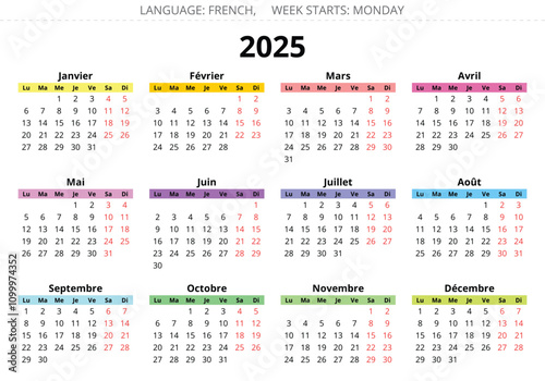 FRENCH calendar 2025: Yearly planner vector illustrations of France