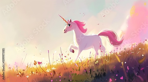 A happy little unicorn prancing in a meadow against a pastel backdrop photo