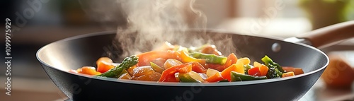 A vibrant vegetable stirfry in a wok, steam rising from the sizzling dish photo