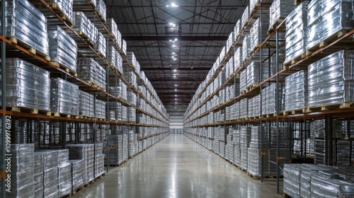 A large warehouse filled with stacks of aluminum profiles organized on tall metal racks. The silver metal reflects light, creating a bright and industrial atmosphere. photo