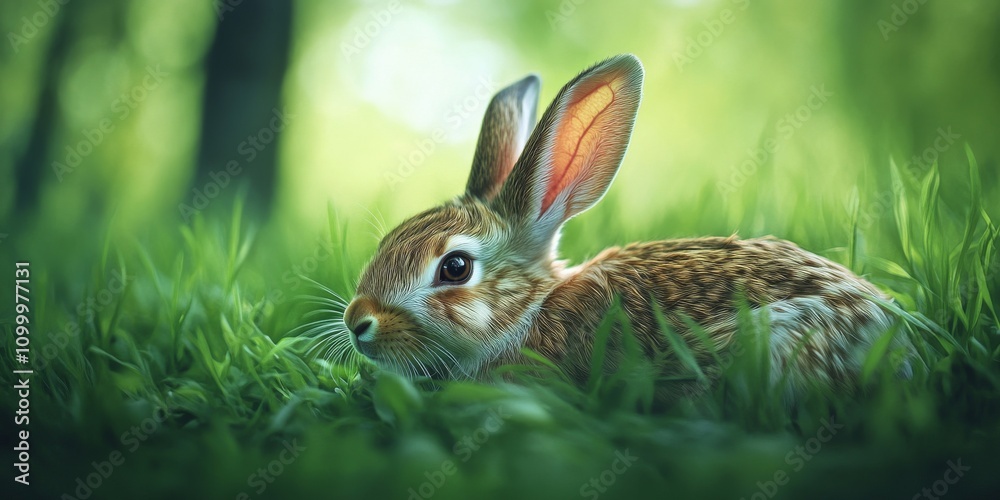 Obraz premium Close up of a rabbit resting on lush green grass, showcasing the rabbit s features in detail against a softly blurred background, highlighting the serene environment of the rabbit.