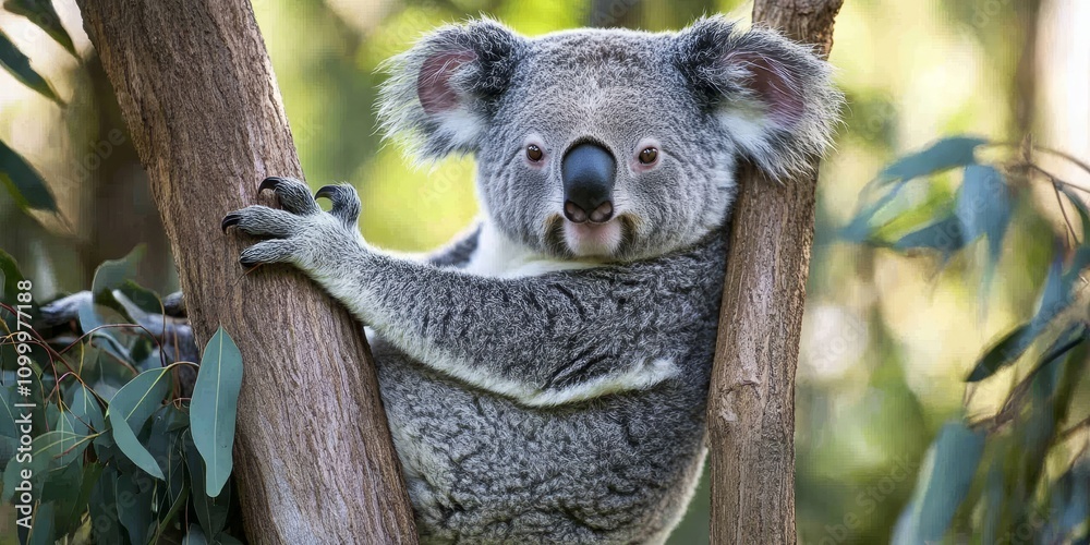 Fototapeta premium Koala in an unusual position, showcasing the unique and intriguing behaviors of koalas. This image highlights the fascinating, quirky positioning of a koala in its natural habitat.