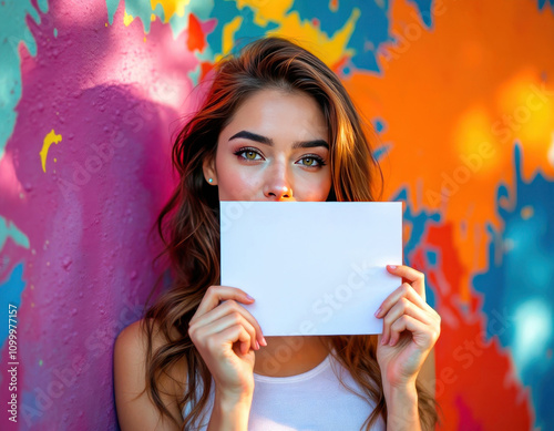 Colorful urban mockup with young woman holding blank card for design photo