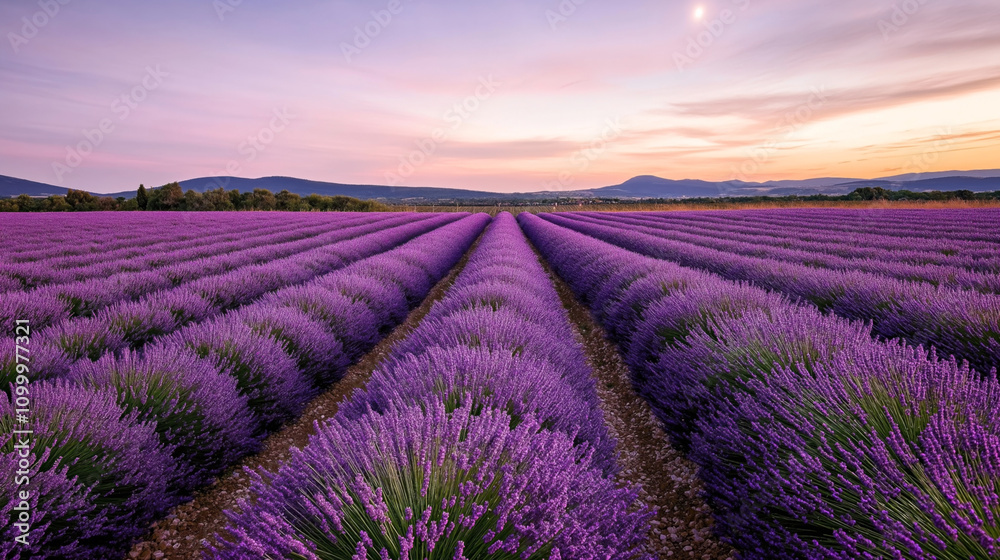 Obraz premium Vast lavender fields during sunset with rows of blooming purple flowers extending towards distant hills under a colorful sky.