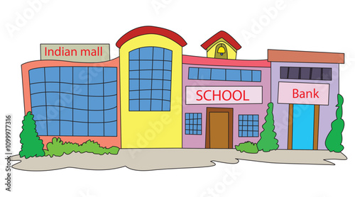 Complex with mall and school illustration