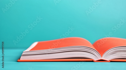 open book with orange cover on turquoise background, showcasing its pages. This vibrant image captures essence of reading and knowledge