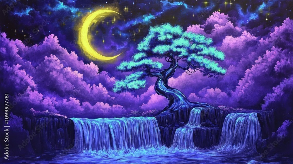 Obraz premium A magical scene with a purple pine tree glowing with blue and green leaves under moonlight. Purple waterfalls cascade behind, with a yellow crescent moon and neon blue streaks in the sky.
