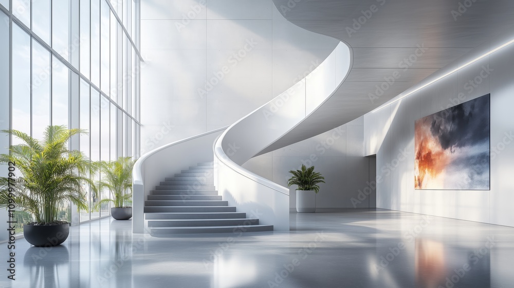 Fototapeta premium Realistic photograph of an office lobby, bright daylight, with a sleek design incorporating neutral tones, modern architecture, and a polished reception area, no harsh shadow, no people