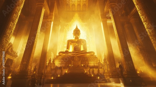 A majestic scene of Phra Buddha Chinnarat, radiating golden light at Wat Phra Sri Rattana Mahathat. The serene expression and detailed decor reflect its significance in Thai spirituality. photo