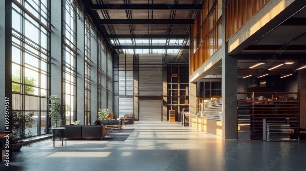 Obraz premium A modern warehouse with aluminum profiles stored on vertical racks, with natural light streaming through windows