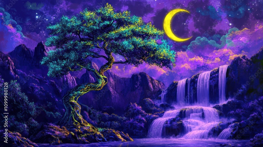 Fototapeta premium A mystical purple pine tree with radiant blue and green leaves stands against a background of purple waterfalls under moonlight