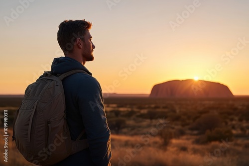 A silhouette of a man against a vibrant sunset backdrop showcases the beauty of Uluru in this tranquil moment in Australia’s picturesque settings.