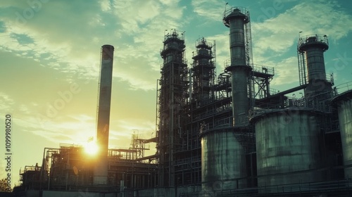 Industrial Power Plant at Sunset with Dramatic Sky