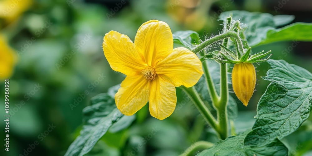 Fototapeta premium Vibrant yellow tomato flower thriving in a personal garden, showcasing the beauty of nature with stunning yellow tomato flower blooms, adding charm to any garden space.
