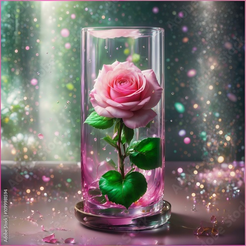 Enchanted Rose Display: Ethereal Glass Enclosure featuring Single Pink Bloom with Magical Particle Effects and Soft Illumination