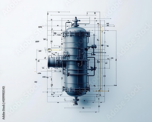 Advanced thermal oxidizer, precision engineering blueprint, 3D illustration