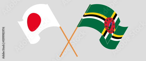 Crossed and waving flags of Japan and Dominica. Vector illustration