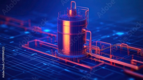 Multiphase reactor system, detailed blueprint design, innovative engineering, 3D illustration photo