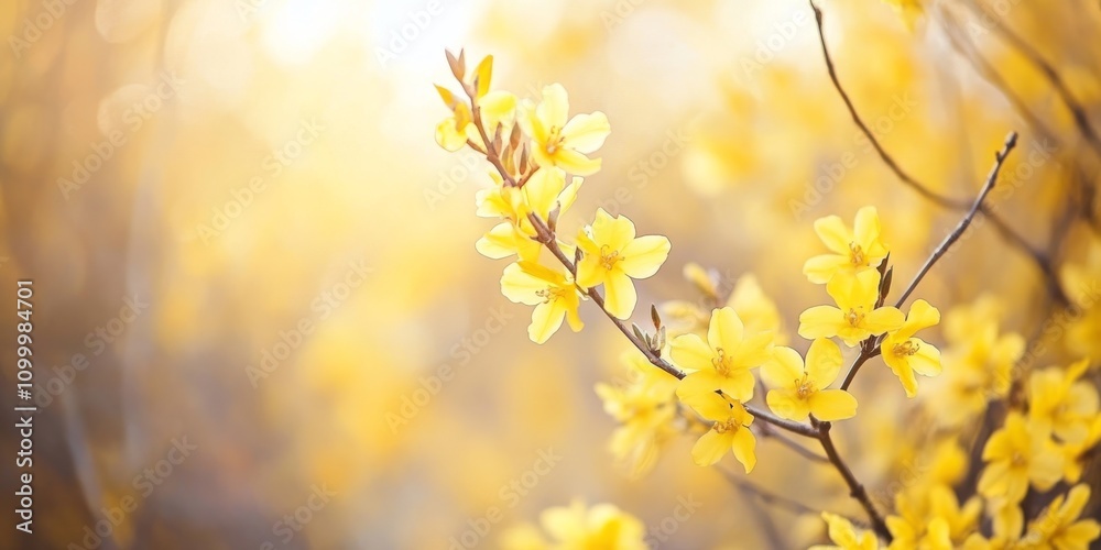 Obraz premium Blooming forsythia bush in vibrant yellow during spring, showcasing the natural beauty of spring nature with its striking blooms and lively colors in a serene, blurred background.
