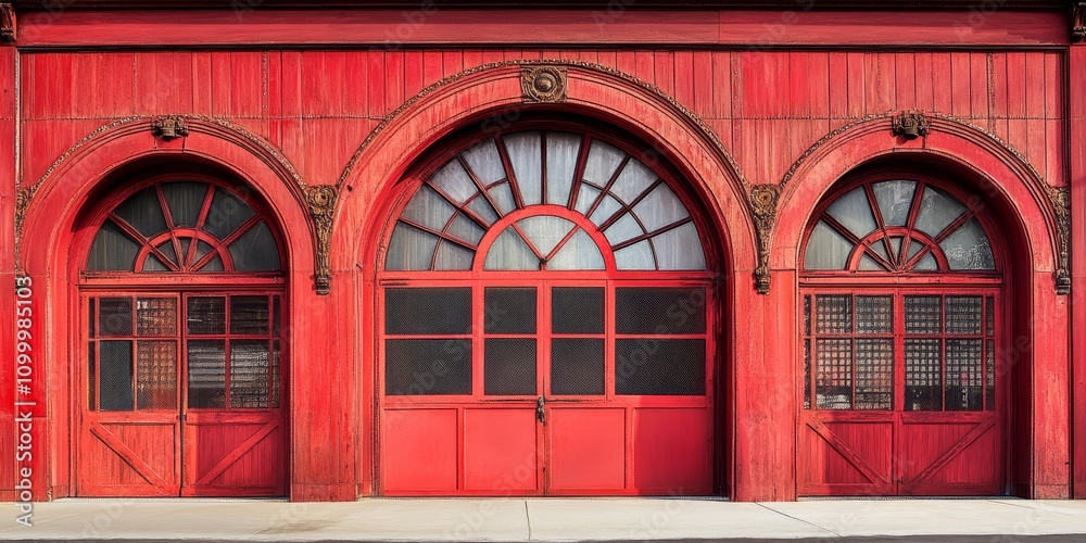 Obraz premium A red wooden portal designed for multiple vehicles, showcasing the unique architecture of an old fire station, complete with an arch and windows featuring intricate metal decorations.