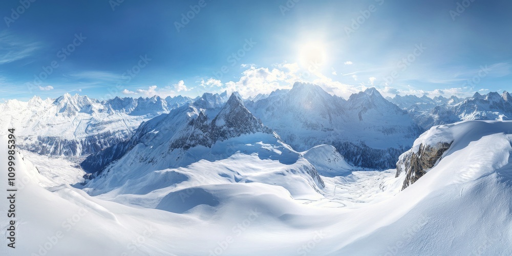 Obraz premium Stunning panoramic landscape featuring snow covered mountains in the Alps. This winter scene captures the breathtaking beauty of the blue sky over the majestic landscape of mountains and snow.