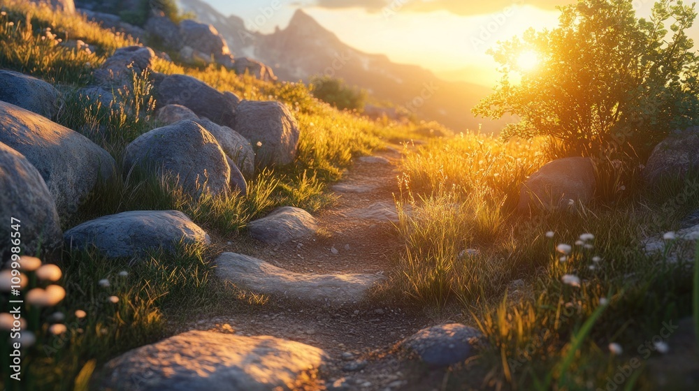 Naklejka premium A scenic mountain trail with rocks and grass, bathed in warm sunset light. The golden glow of the setting sun highlights the serene beauty of the landscape.
