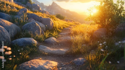 A scenic mountain trail with rocks and grass, bathed in warm sunset light. The golden glow of the setting sun highlights the serene beauty of the landscape.