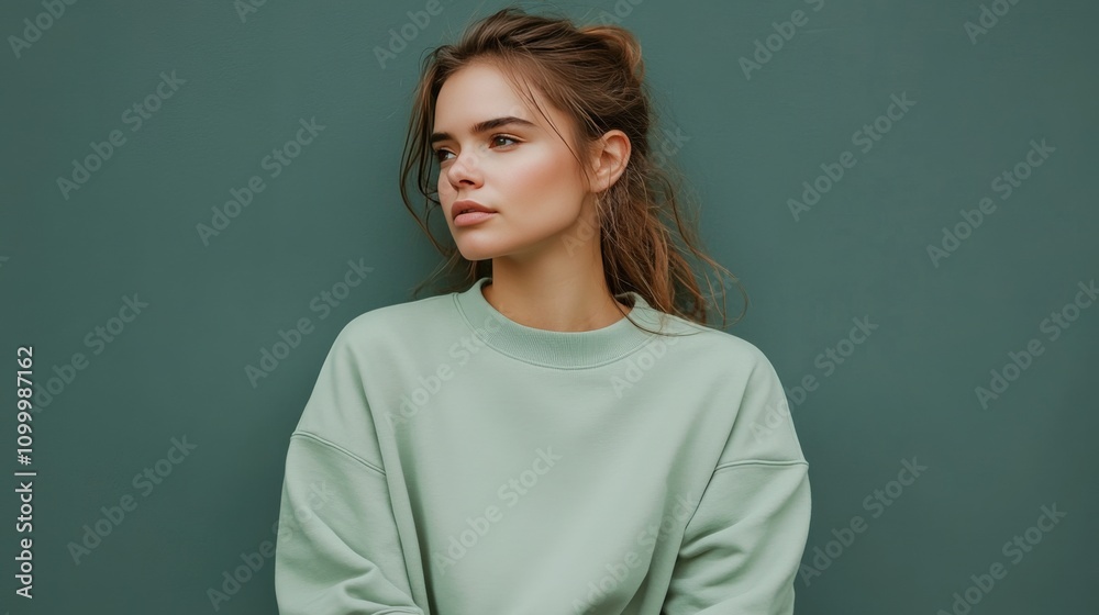 Obraz premium Young Woman Wearing A Light Green Sweatshirt