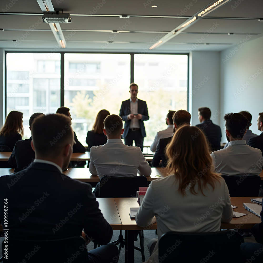 Fototapeta premium Business Seminar with Diverse Audience in a Sunlit, Modern Conference Room