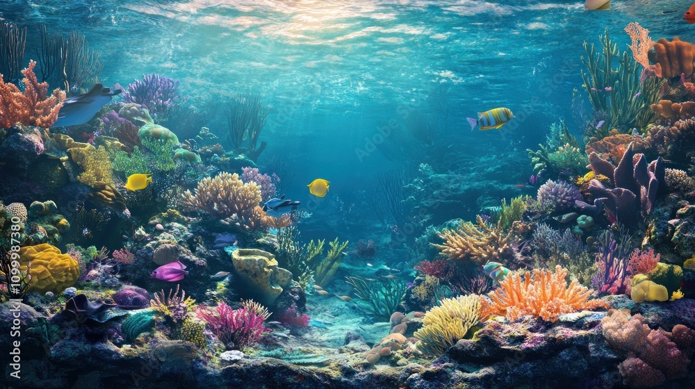 Fototapeta premium Vibrant Coral Reef Ecosystem With Colorful Fish Swimming