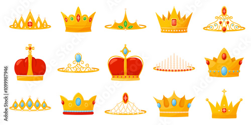 Golden royal crowns and tiaras. Cartoon king diadems. Queen headwear. Prince head wear with gemstones. Precious symbols of power. Coronation jewelry. Monarchic elements. Recent vector set