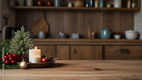 Kitchen blurred background with an empty wooden table or counter, Christmas decorations, and lights, selective focus, for product presentation.