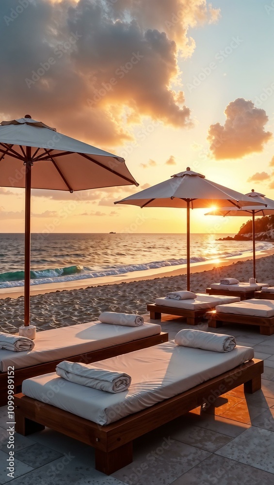 Fototapeta premium Oceanfront hotel, luxury sun loungers and beach umbrellas, sunset view over the sea, holiday, vacation, trip to the sea or ocean, all inclusive 