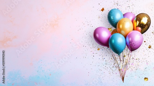 Colorful Balloons with Confetti on Pastel Background with Copy Space for Holiday Birthday Party or Anniversary photo