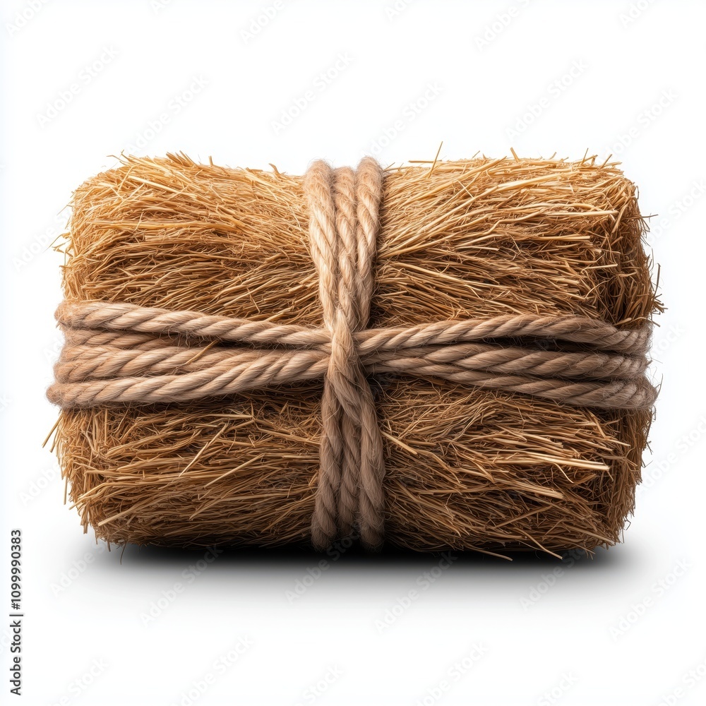 Fototapeta premium A detailed hay bale stands alone against a white background, highlighting its texture